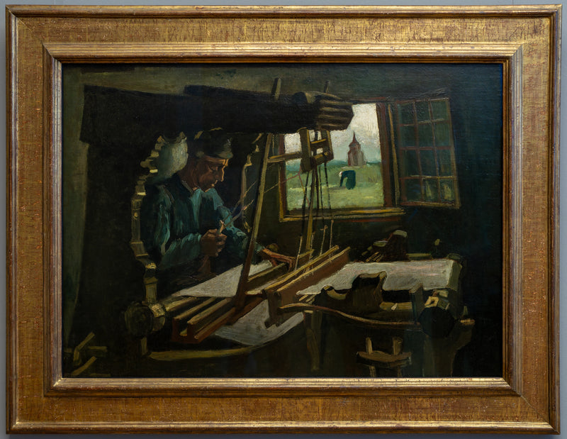 Weber foran et åpent vindu med utsikt mot Nuenen-tårnet - Vincent van Gogh