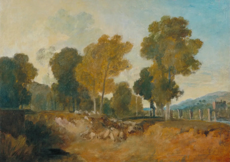 Trær ved elven, med bro i mellomavstand - J. M. W. Turner
