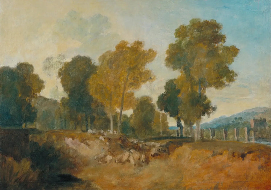 Trær ved elven, med bro i mellomavstand - J. M. W. Turner