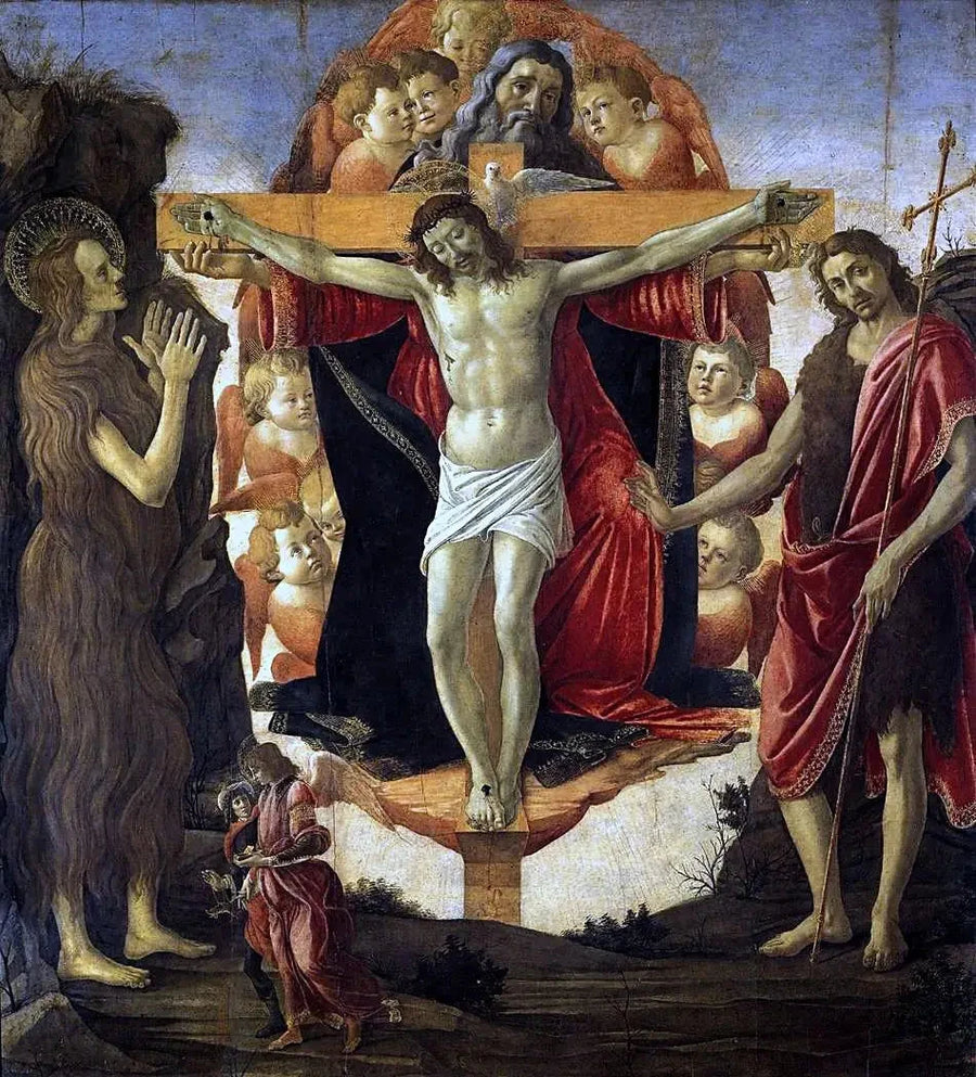 Den hellige treenighet med hellige Maria Magdalena og hellige Johannes Døperen, erkeengelen Raphael og Tobias - Sandro Botticelli