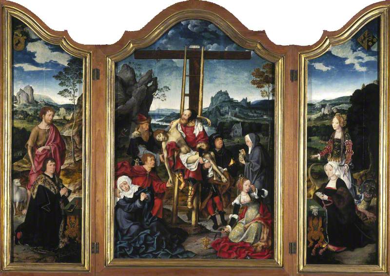 Triptyk. I midten: Korsfestelsen; til venstre: Johannes Døperen med en donator; til høyre: helgen Margareta av Antiokia med en donatorinne. - Joos van Cleve