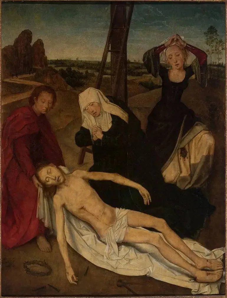 Triptyk, midten: Kristus som gråter, omgitt av den hellige jomfru, Johannes og Maria Magdalena - Hans Memling