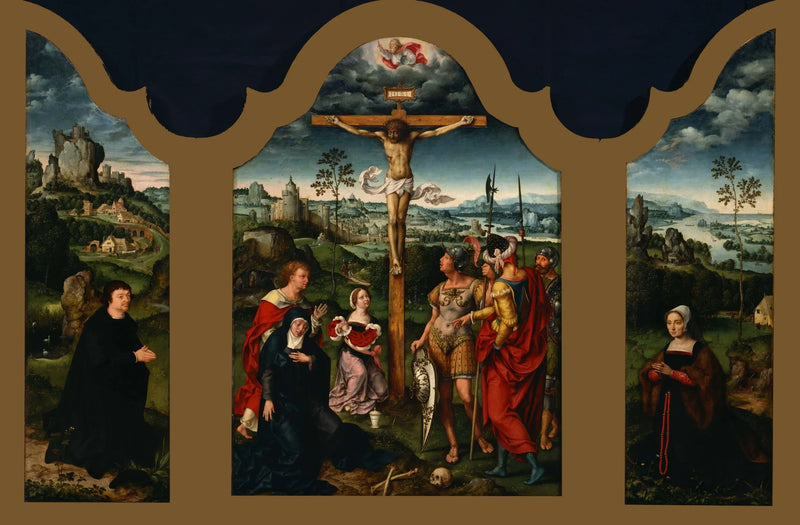 Triptyk: Korsfestelsen flankert av den kneende donoren og hans kone - Joos van Cleve
