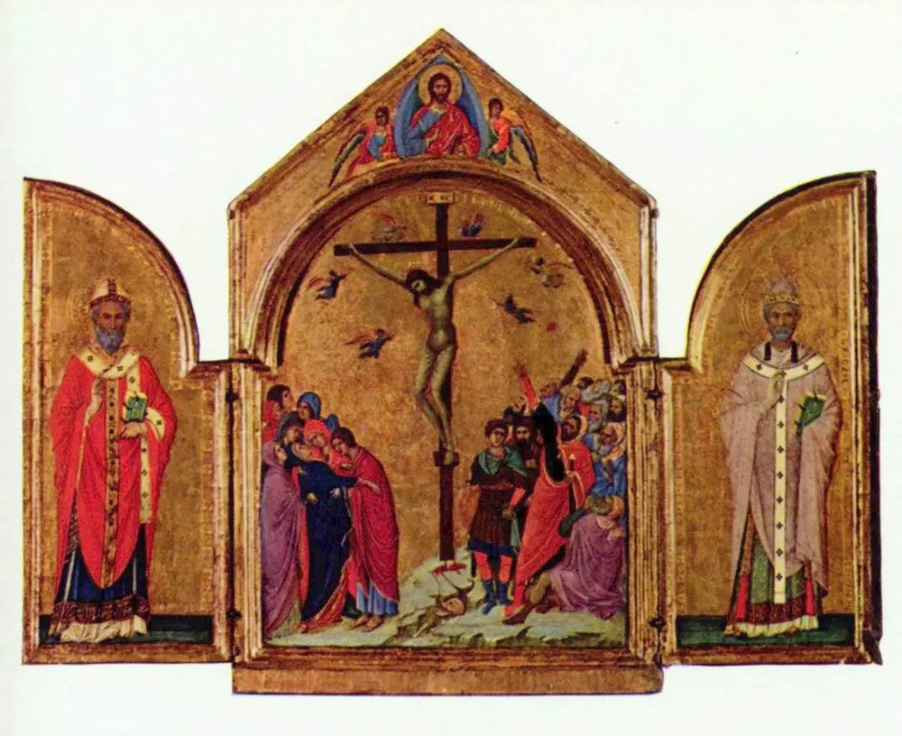 Triptyque : la Crucifixion ; le Rédempteur avec les anges ; saint Nicolas ; saint Grégoire - Duccio di Buoninsegna image 1 copie peinte à la main à l’huile