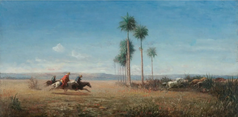Tre ryttere og hester galopperer i en slette (Venezuela) - Camille Pissarro