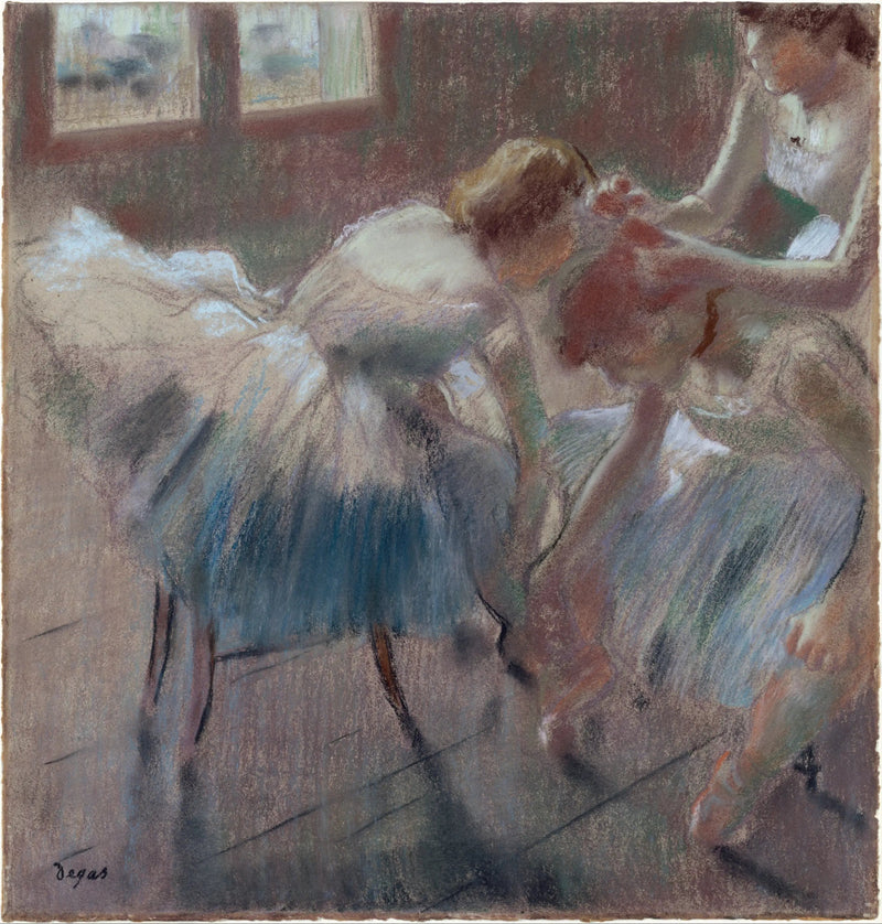 Tre dansere forbereder seg til timen - Edgar Degas