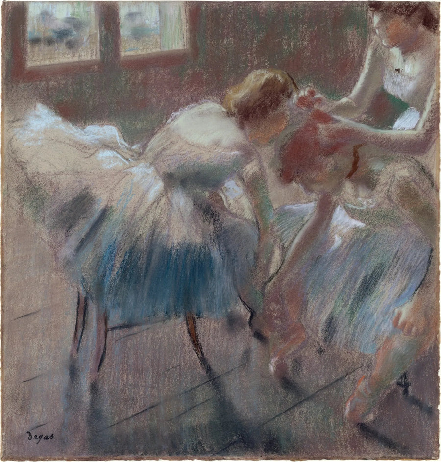 Tre dansere forbereder seg til timen - Edgar Degas