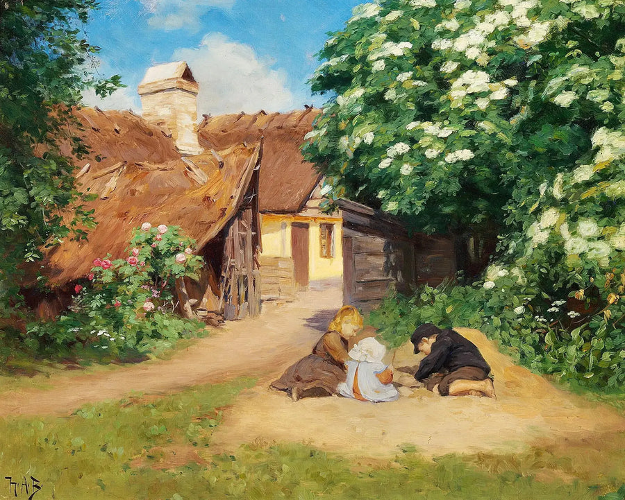 Tre barn som leker nær en gård en sommerdag. - H. A. Brendekilde

Source:
Trois enfants jouant près d'une ferme un jour d'été. - H. A. Brendekilde