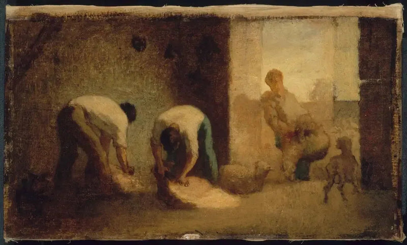 Tre menn klipper sauer i en låve - Jean-François Millet