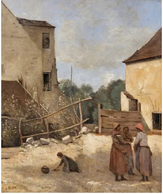 Tre bønderinner som snakker i en rustikk gårdsplass - Jean-Baptiste Camille Corot