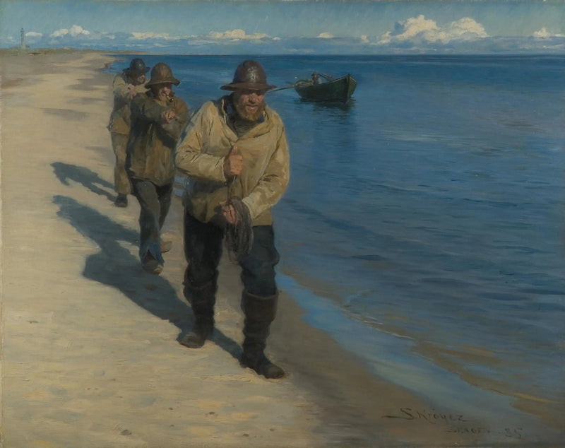 Tre fiskere som drar en båt. - Peder Severin Krøyer