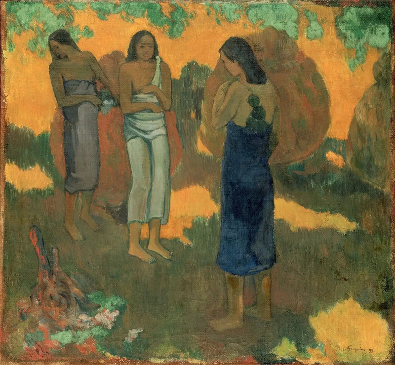 Tre tahitianske kvinner på gul bakgrunn - Paul Gauguin