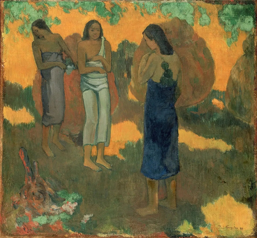 Tre tahitianske kvinner på gul bakgrunn - Paul Gauguin
