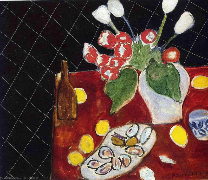 Tulipaner og østers på svart bakgrunn - Henri Matisse