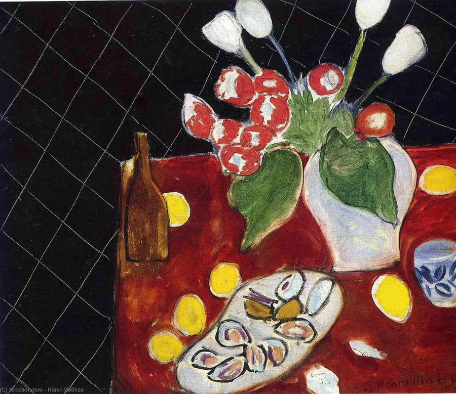 Tulipaner og østers på svart bakgrunn - Henri Matisse
