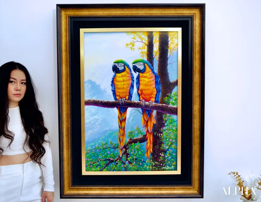 Two Macaws on a Branch - Hudsadayuth | 60 x 90 cm Reproductions de tableaux à la peinture à l’huile