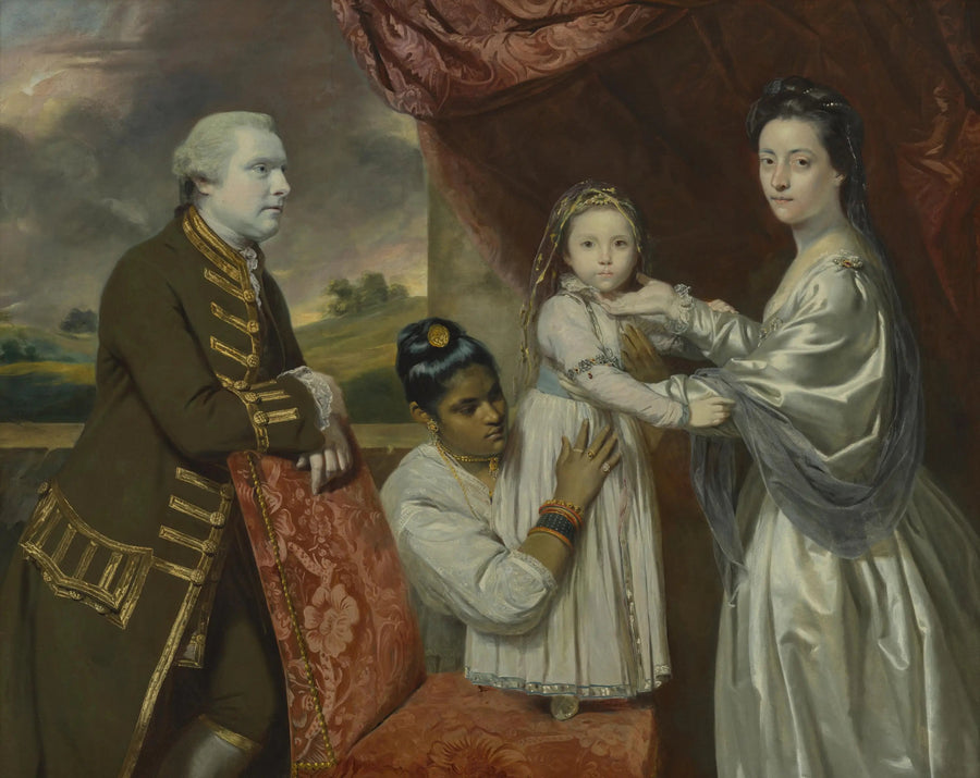 Tysoe Saul Hancock, hans kone Philadelphia, datteren Elizabeth og deres indiske tjenestepike Clarinda - Joshua Reynolds