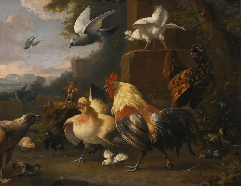 En ørn mot en ung hane, høner, flyvende duer og andre fugler - Melchior de Hondecoeter