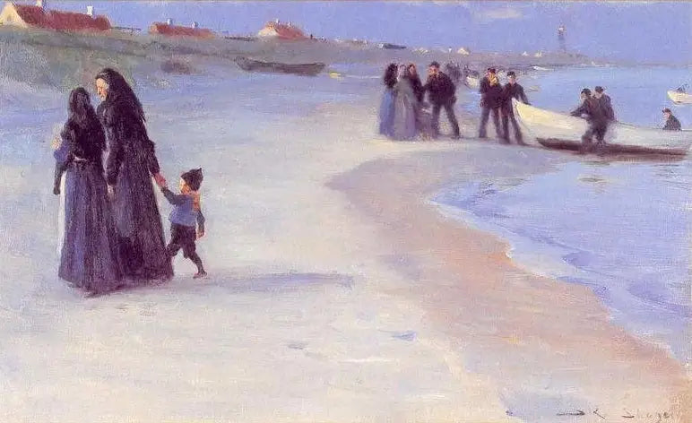 En hvit båt på stranden. En myk sommerkveld. - Peder Severin Krøyer