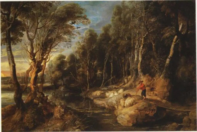 En hyrde med flokken sin i et skogkledd landskap - Peter Paul Rubens