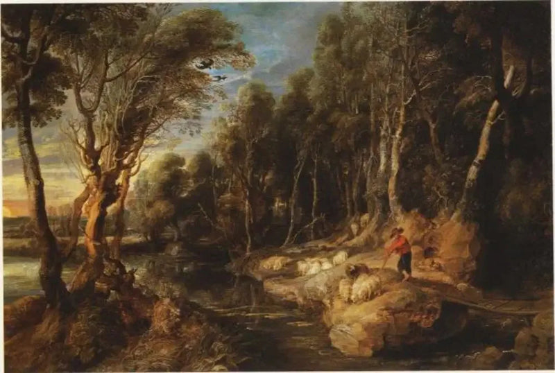 En hyrde med flokken sin i et skogkledd landskap - Peter Paul Rubens