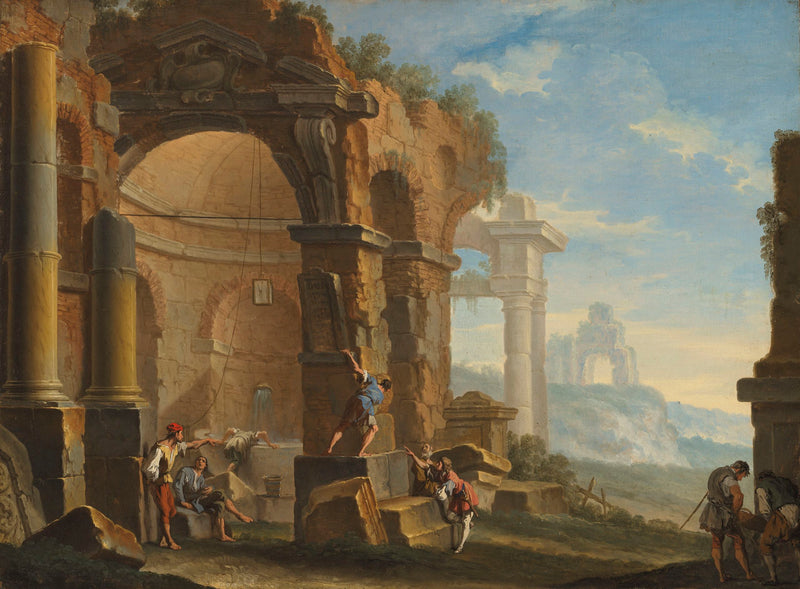 Et temperament med figurer som samtaler nær klassiske ruiner - Sebastiano Ricci