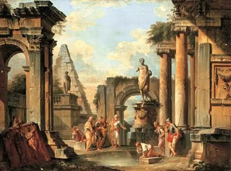 Et lystspill av klassiske ruiner med Diogenes som kaster sin kopp. - Giovanni Paolo Panini

Source:
Un caprice de ruines classiques avec Diogène jetant sa coupe. - Giovanni Paolo Panini