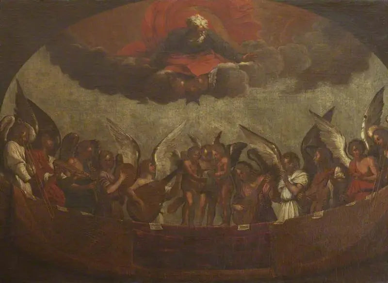 En kor av sangende og spillende engler med Gud Faderen over - Guido Reni
