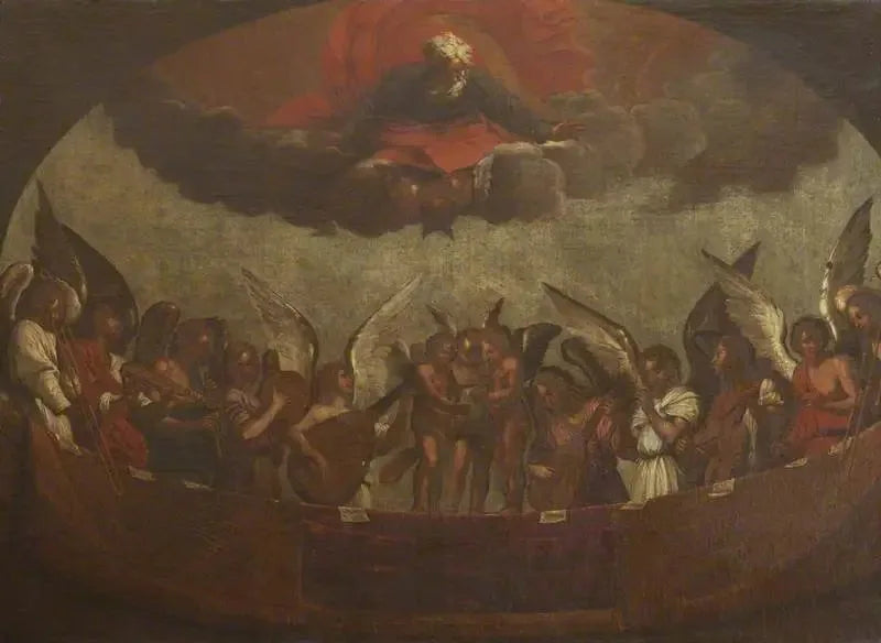 En kor av sangende og spillende engler med Gud Faderen over - Guido Reni
