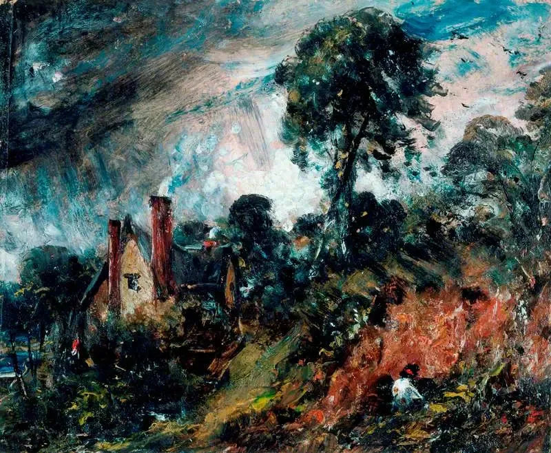 En hytte blant trærne med en sandbanke - John Constable