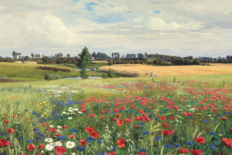 Et felt med blåbær, valmuer og margeritter. - H. A. Brendekilde

Source:
Un champ de bleuets, de coquelicots et de marguerites. - H. A. Brendekilde