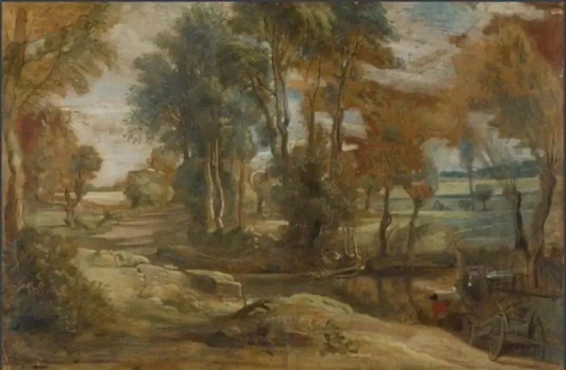En vogn som krysser en bekk ved ferdsel - Peter Paul Rubens