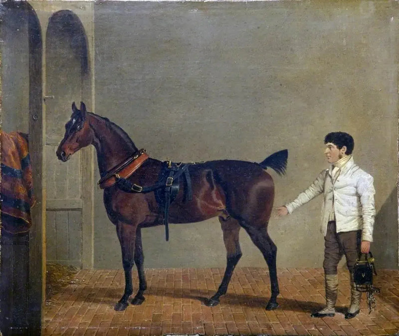 En drosjekar med hest, med en hestepasser, i en stald - John Frederick Herring, Sr.

Source:
Un cheval de calèche attelé, avec un palefrenier, dans une écurie - John Frederick Herring, Sr.