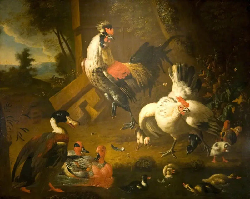 En hane med en høne og tre ender - Melchior de Hondecoeter
