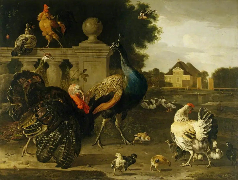 En kalkunhane og andre fugler i en hage - Melchior de Hondecoeter