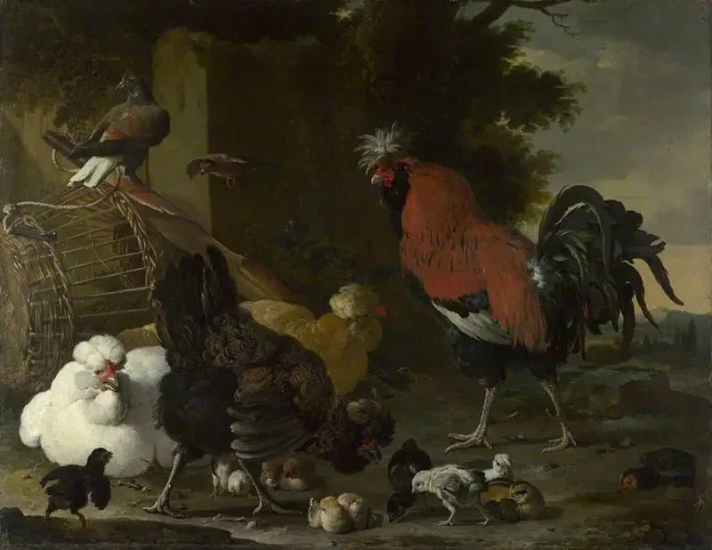 En hane, høner og kyllinger - Melchior de Hondecoeter