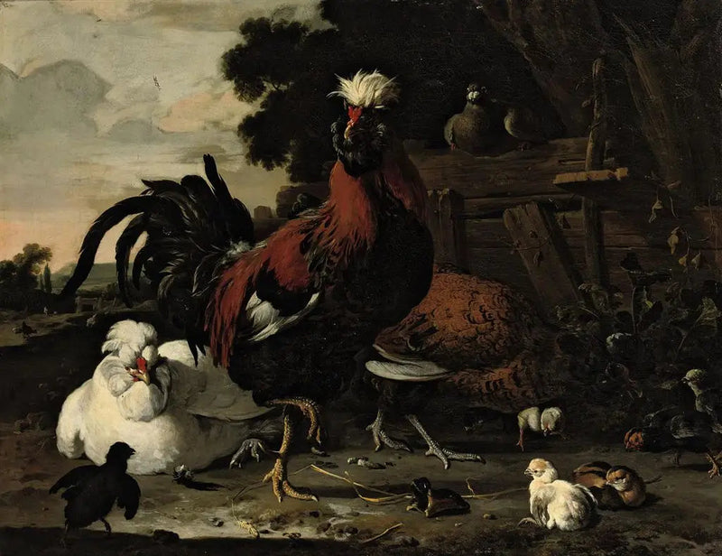 En hane, høner, kyllinger og en due ved en tregjerde i et landskap - Melchior de Hondecoeter