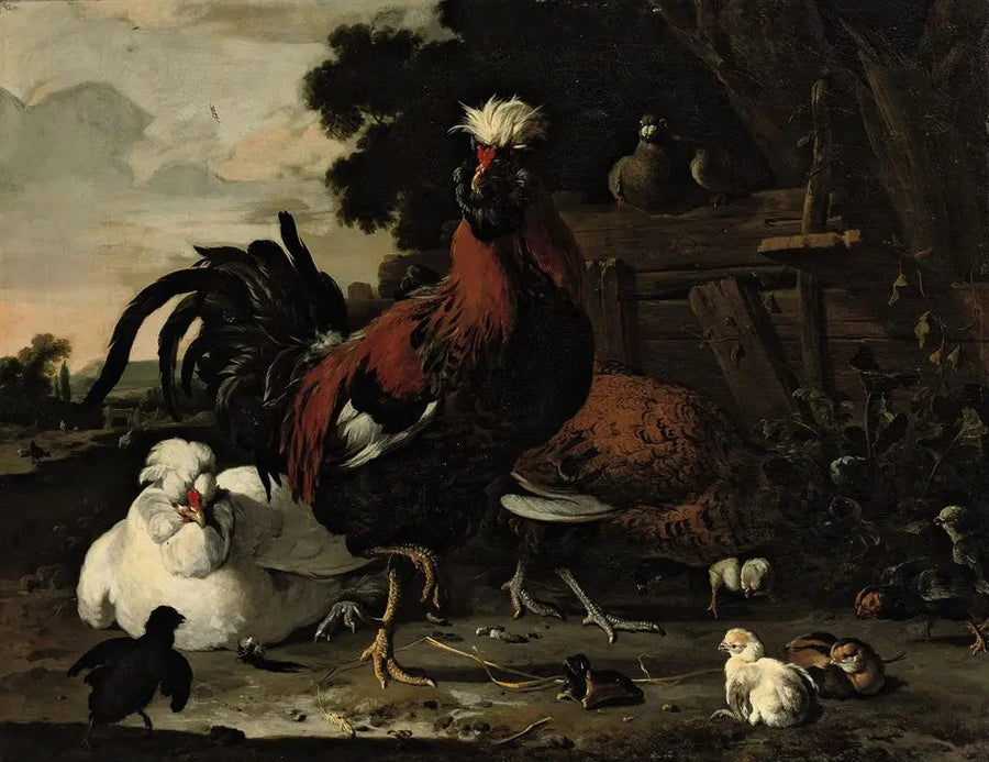 En hane, høner, kyllinger og en due ved en tregjerde i et landskap - Melchior de Hondecoeter