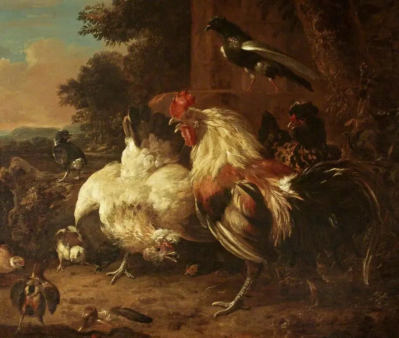 En hane og to høner, med kyllinger, i et landskap - Melchior de Hondecoeter