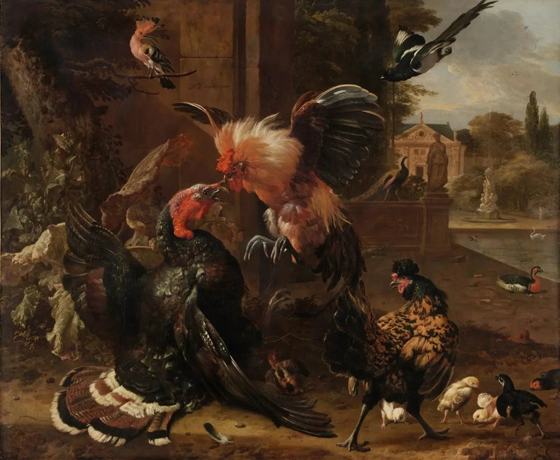 En hane og en kalkun som kjemper - Melchior de Hondecoeter