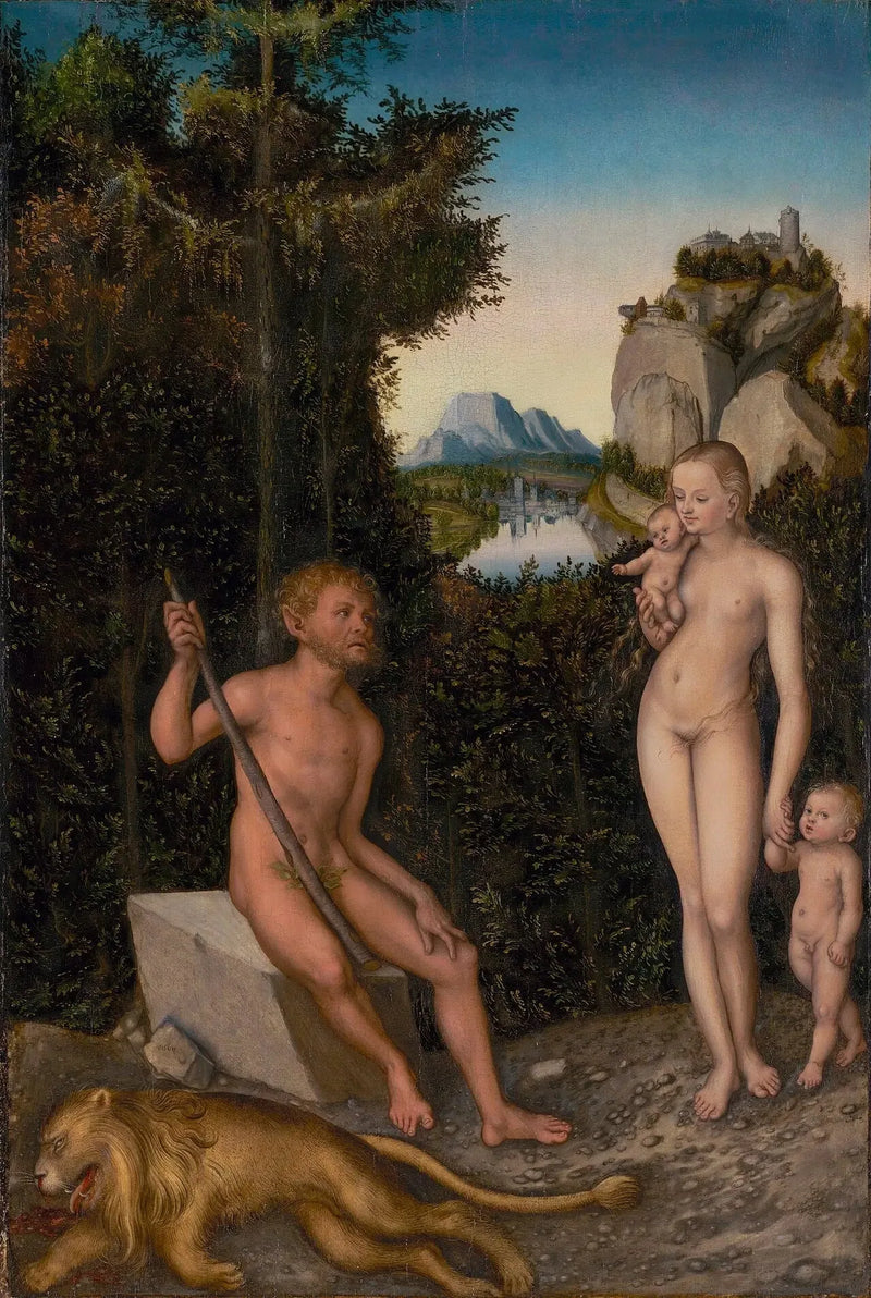 En faun og hans familie med en død løve - Lucas Cranach den eldre