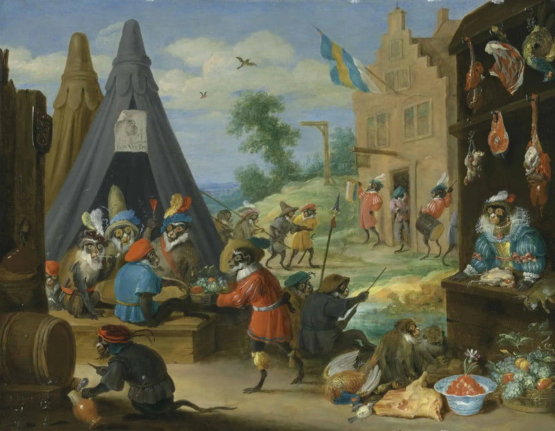 En apefestival (aper kledd ut som soldater i en leir nær en by) - David Teniers den Yngre

Source:
Un festival de singes (des singes déguisés en soldats dans un campement près d'une ville) - David Teniers le Jeune