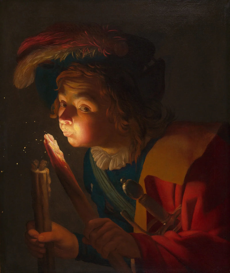 En gutt som blåser på en glødende kull - Gerrit van Honthorst