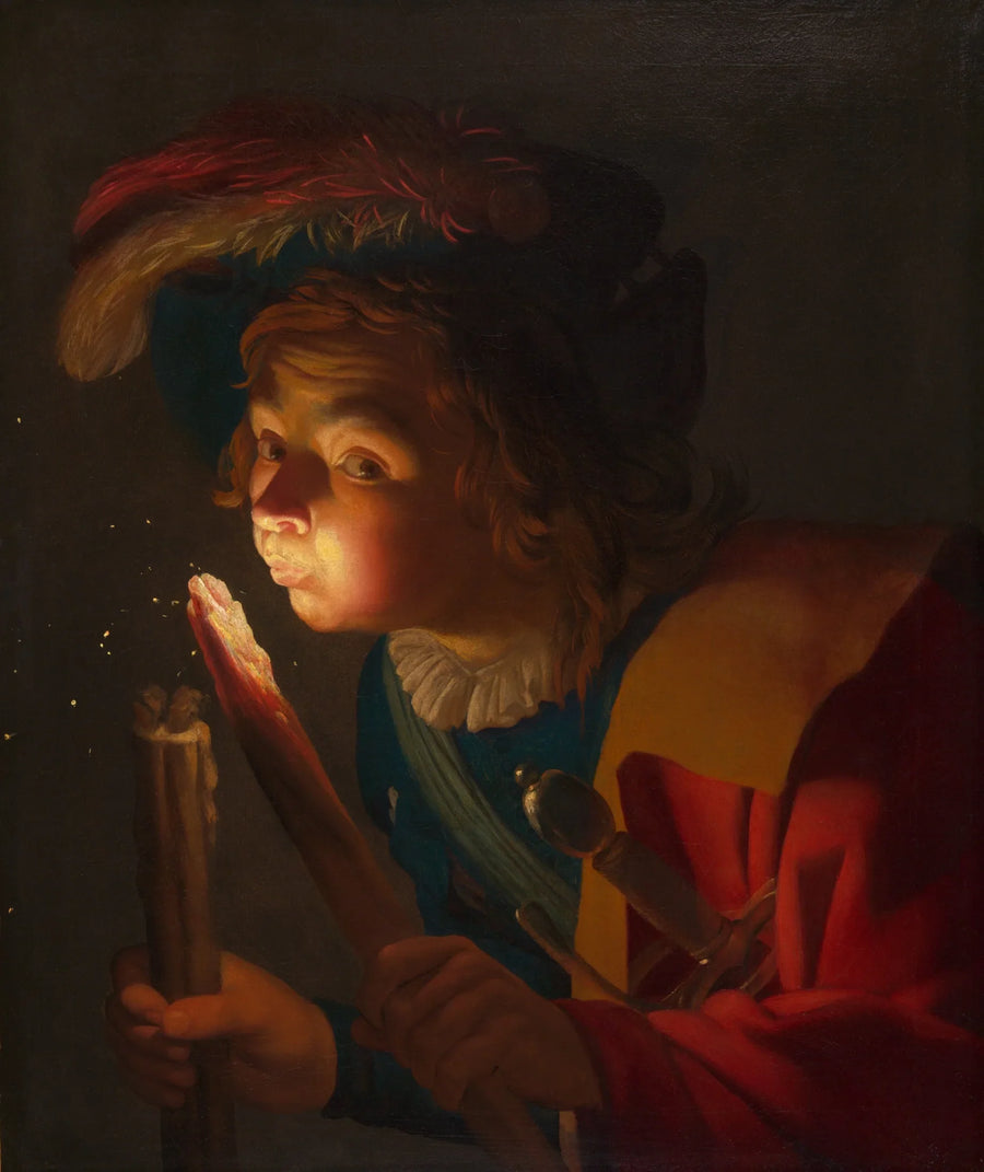 En gutt som blåser på en glødende kull - Gerrit van Honthorst