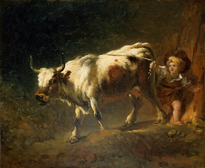 En gutt prøver å holde en ku med et tau - Jean-Honoré Fragonard