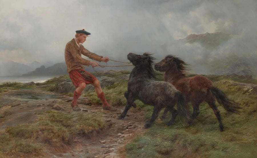 En ghillie og to Shetland-ponnier i et tåkelagt landskap - Rosa Bonheur