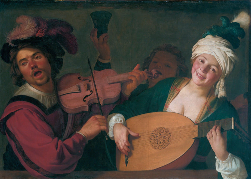En glad gruppe bak en balustrade med en fiolin og en lutspieler - Gerrit van Honthorst
