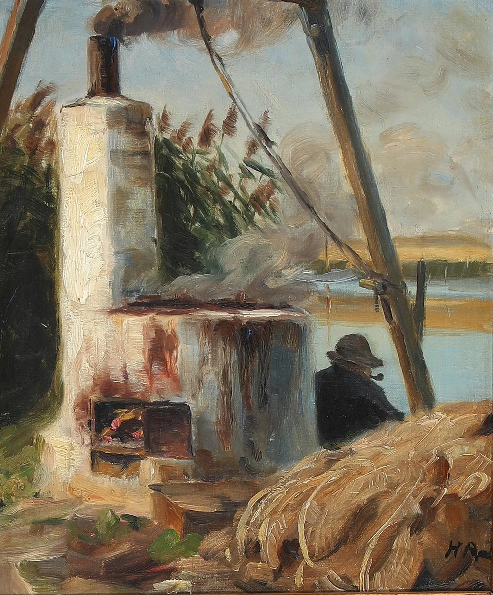 Un homme assis devant le four fumant. - H. A. Brendekilde image 1 copie peinte à la main à l’huile
