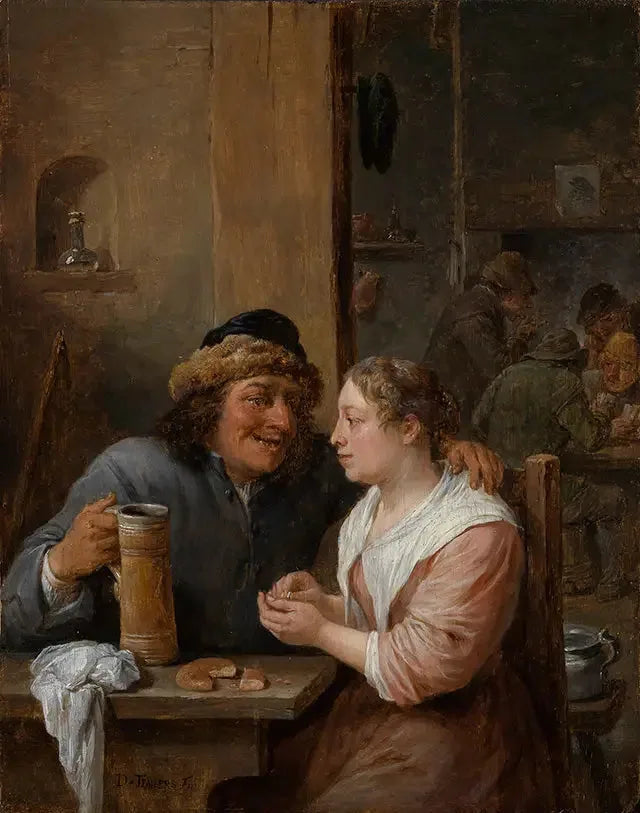 Un homme avec une chope de bière et une jeune femme dans une taverne - David Teniers le Jeune image 1 reproduction de peinture à l’huile