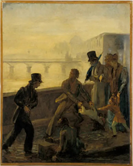 En mann kaster hunden sin i vannet - Honoré Daumier